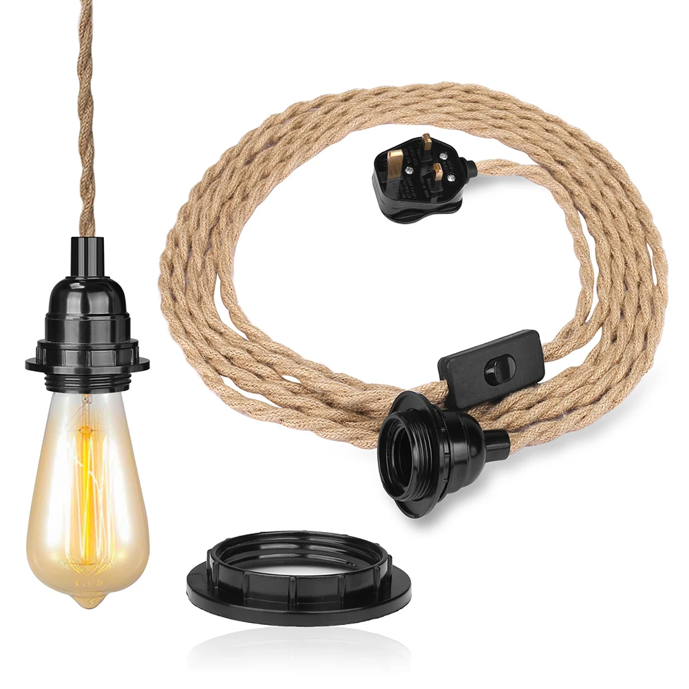 4.5/3.5M Pendant Lights Ceiling Lighting Fitting E27 Lamp Holder Suspended Kit with Plug in Cord Hemp Rope Rustic Hanging Lamps