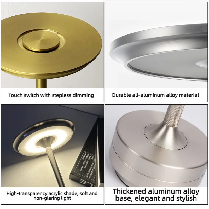 Modern portable aluminum desk lamp, wireless dimmable, touch control, cordless, dining room lamp, battery powered, bedside use