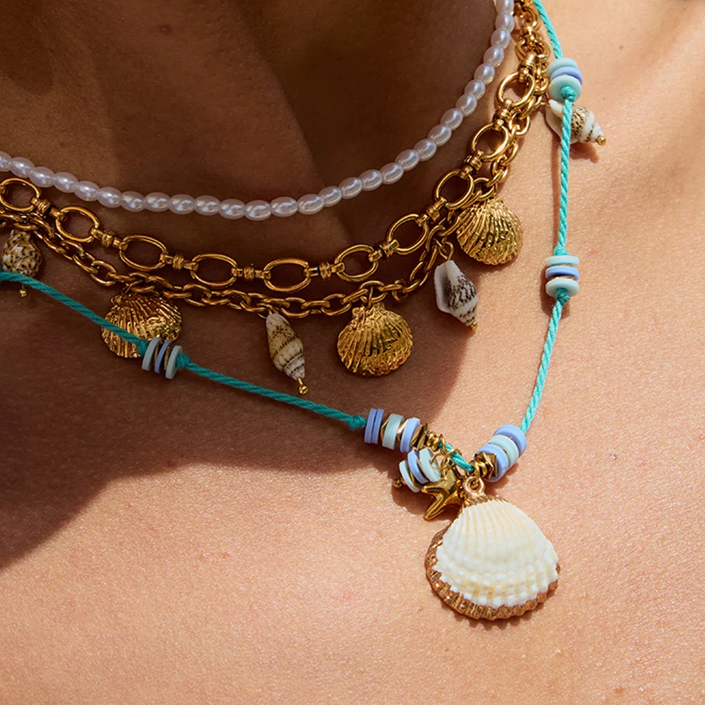 

AIKOER Vacation Style 18K Gold Color Plated Stainless Steel Starfish Pendant Blue Rope Necklace Stackable Shell Chain Women's Ac