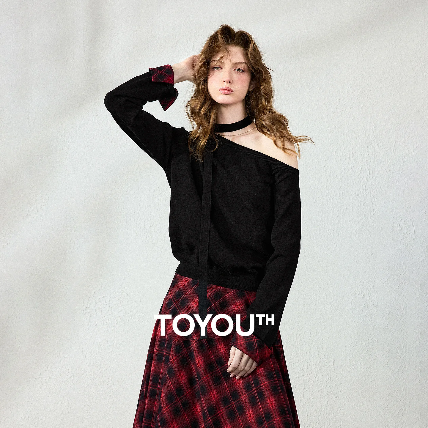 TOYOUTH Womens Knit Sweater 2026 Autumn New Ribbon Off Shoulder Spliced Plaid Black Light French Relaxed Fit Top