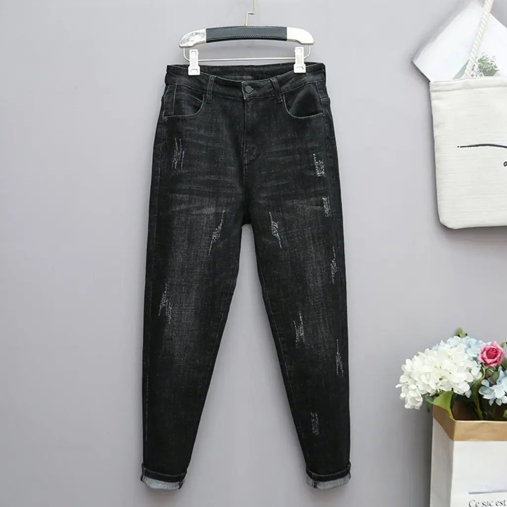 

Эластичные джинсы больших размеров для женщин, свободные утягивающие шаровары для полных девушек, повседневные брюки в корейском стиле