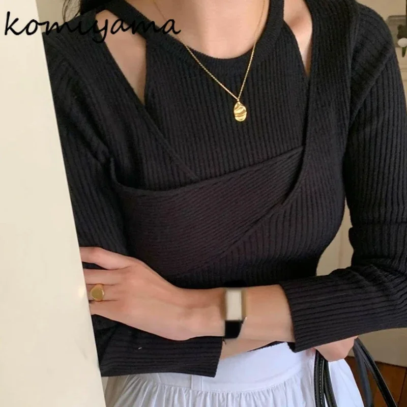 Cross Asymmetrical Sweater Elastic Bottomed Womens Clothing Spring Pullover Tops 2024 Women Knitwears with Sleeveles Camis