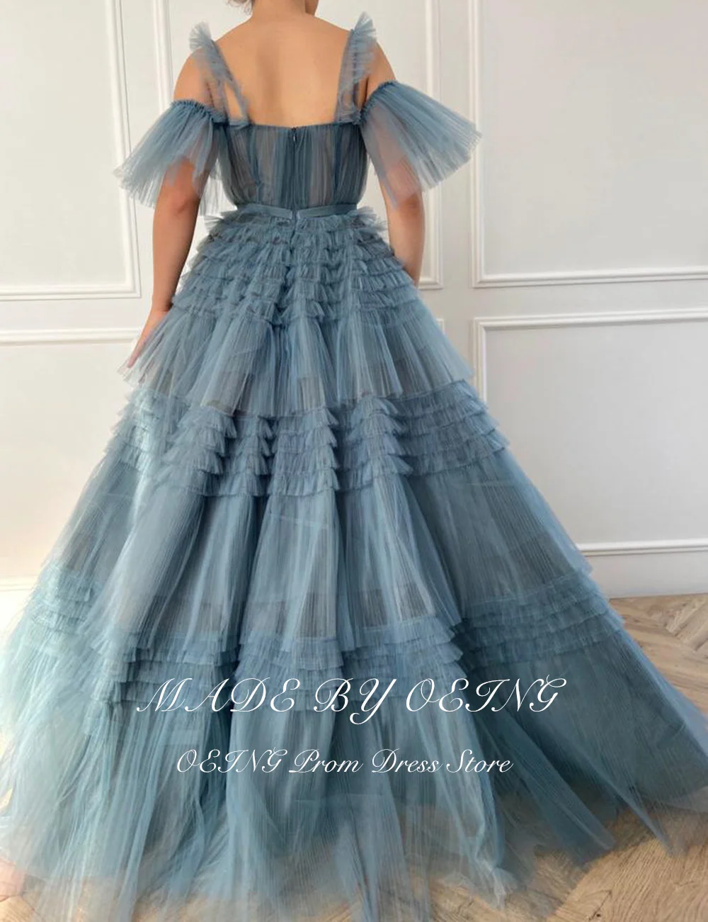 OEING Dusty Blue Ruffled Tulle Tiered Evening Dresses Off Shoulder Sleeves Long A Line Floor Length Prom Gowns فساتين مناسبة رسم