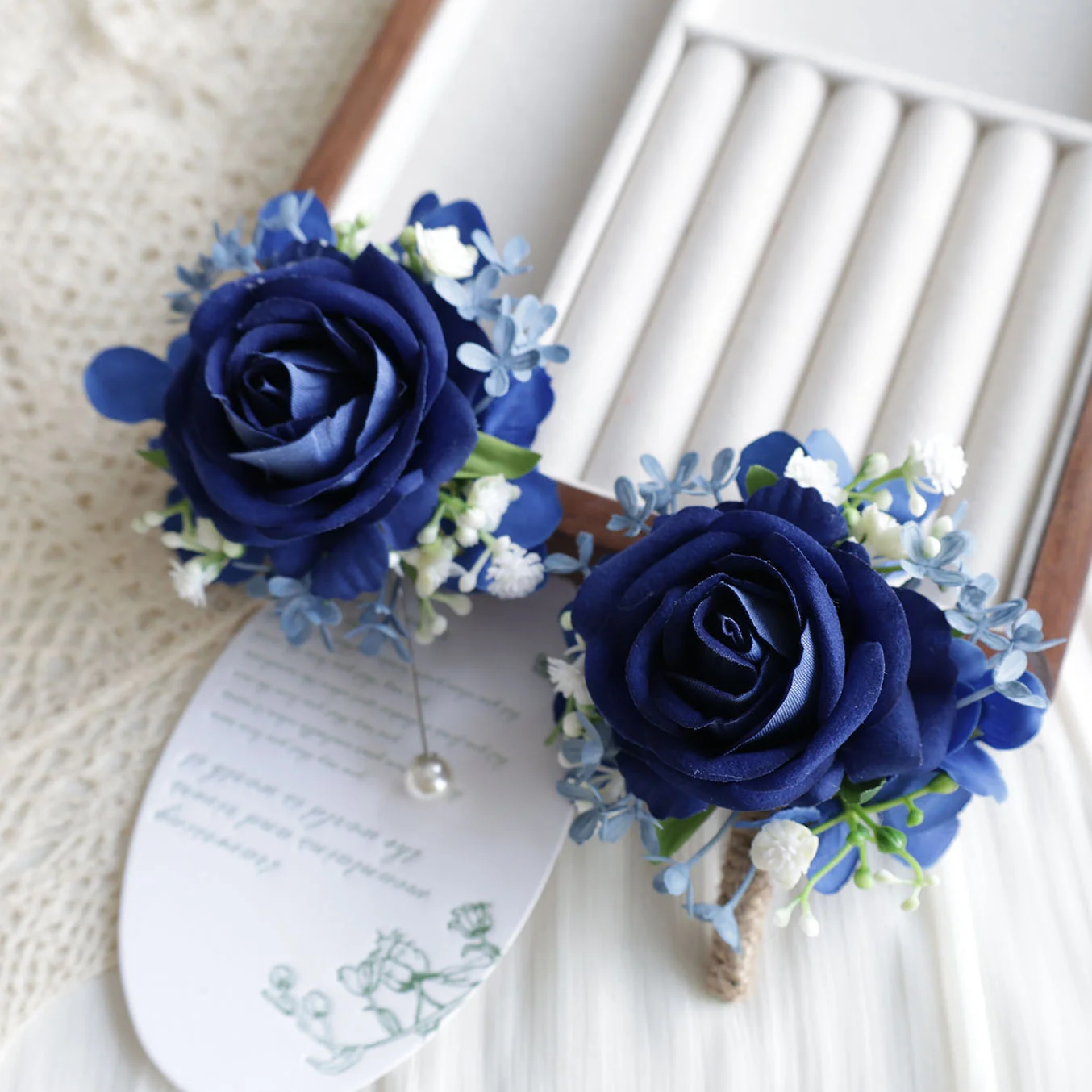 

H0037 Dark Blue Rose Wrist Corsage Wristlet Band Bracelet and Men Boutonniere for Wedding Artificial Flower Prom Decorations