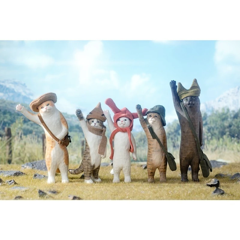 

JXK Woodcut Cat Wear Hat Waving Cat Statue Cute Resin Doll Animal Model Handmade Ornament Festival Gift