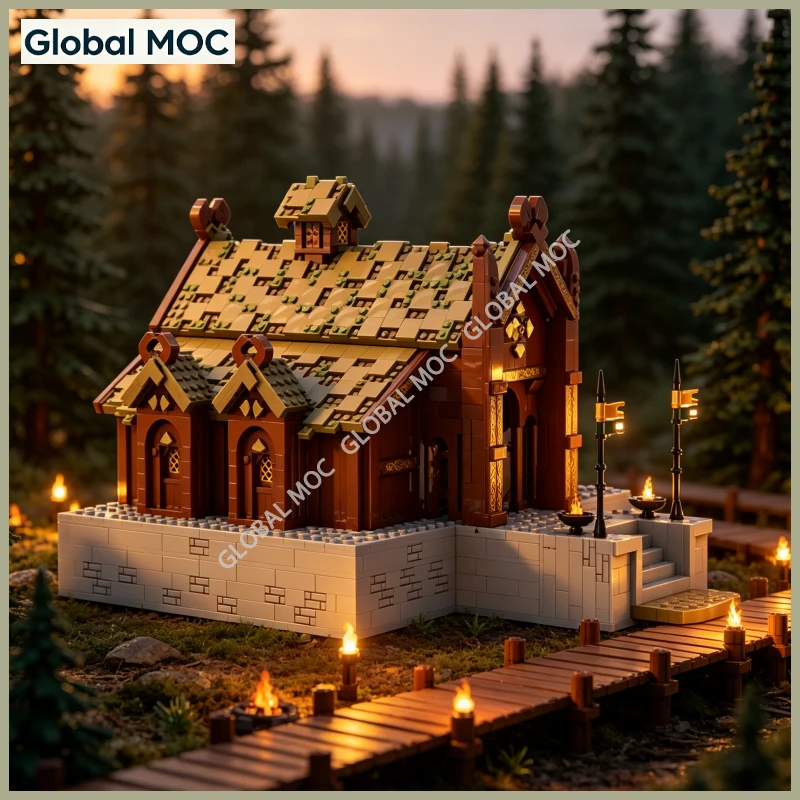 Ancient Golden Roof Royal Hall MOC Building Blocks Medieval Manor Construction Model Assembly Bricks for Fantasy Scene Display