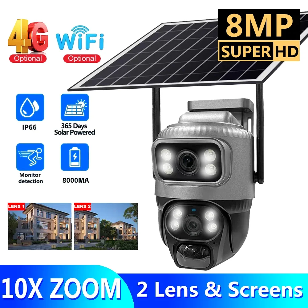 4G Camera Solar PIR Human Detection Night Vision Waterproof Security Video IP Camara 8MP 4K Battery CCTV Monitor V380 Dual Lens