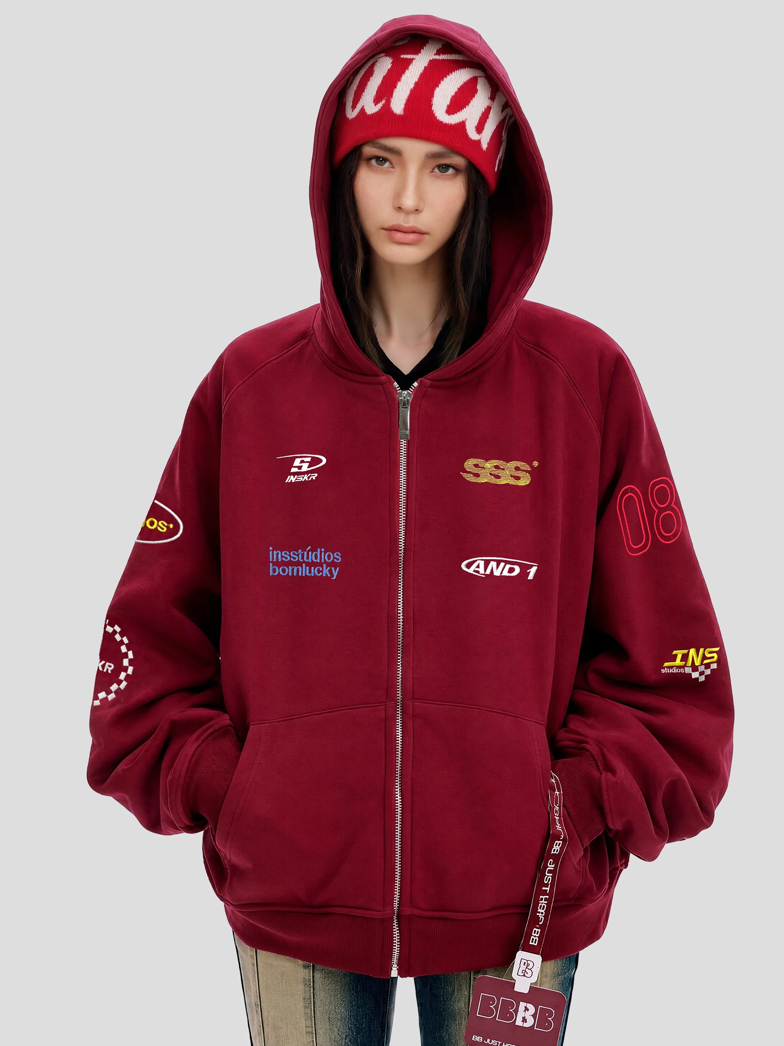 INSstudios Retro American Racing Embroidered Hoodie Jacket Loose Fit Warm Polyester Inner Fleece Zipper Closure Sweatshirt