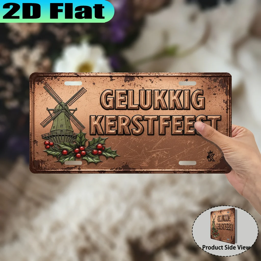 2D Flat, 1pc Dutch Christmas Retro License Plate Cover & Frame - Aluminum 