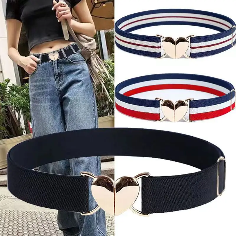 Women Elastic Stretch Belts Girls Multicolor Adjustable Elastic Waist Belts with Heart Shape Buckle Waistband Accessories