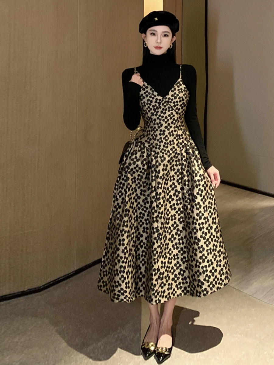 

Ele Pure Desire High Collar Long Sve Tight Base irt Vintage Sexy V Ne Waist Cinched Floral Strap Dr Set