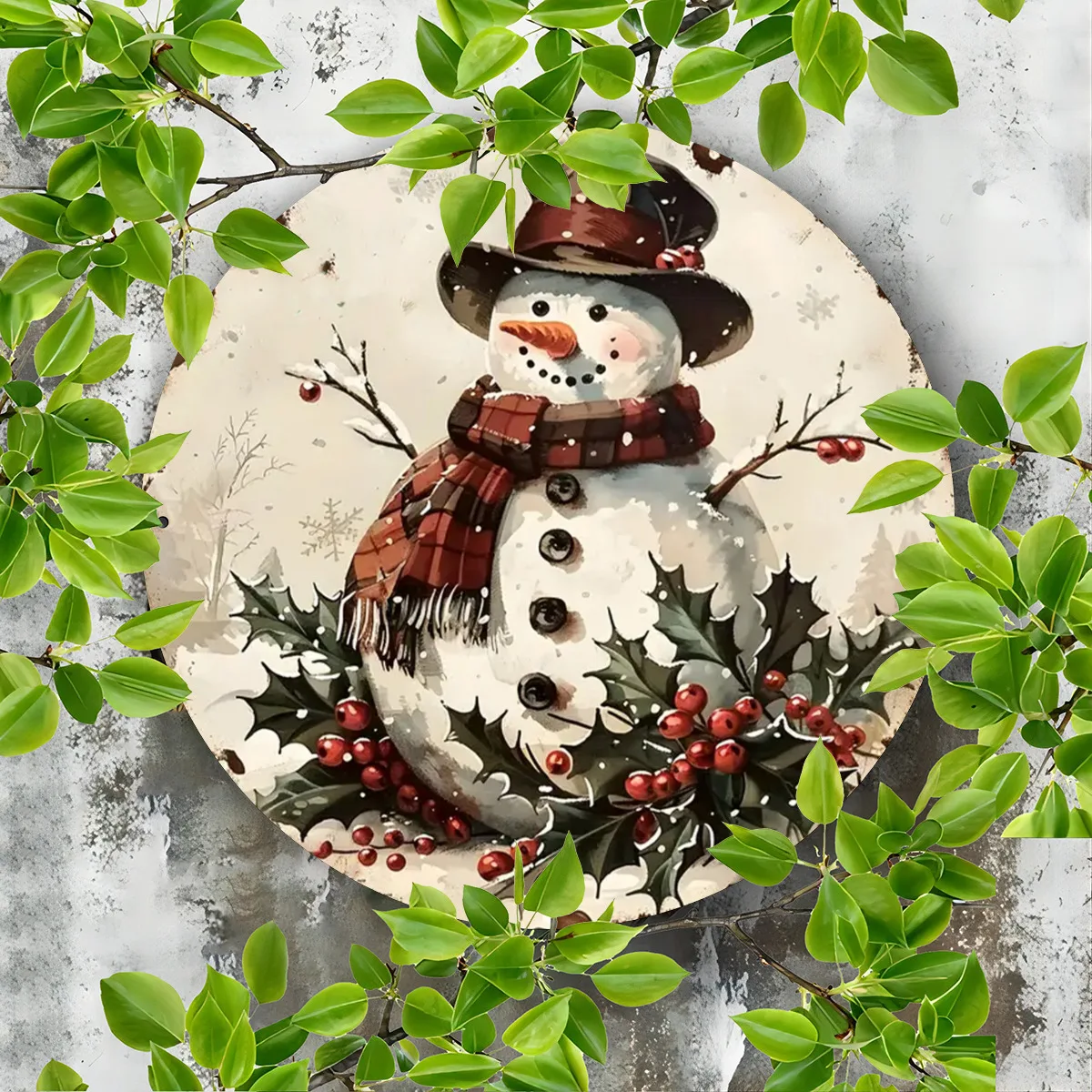 Vintage Snowman Plaid Scarf Hat Holly Berry Tin Sign - Vintage Durable Metal Plaque Wall Decor, Rustic Christmas Home Office Wal