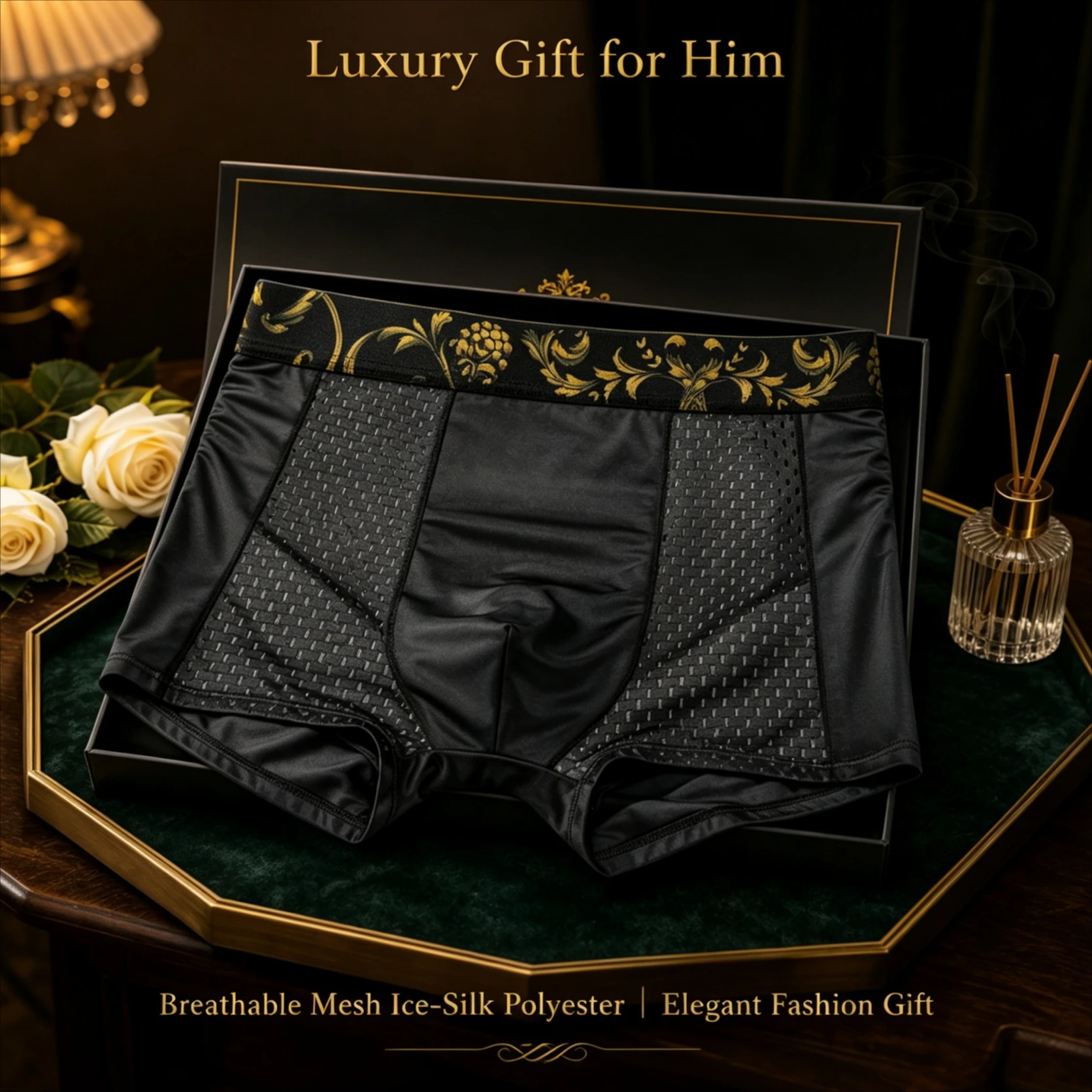 Men Boxer Briefs Luxury Golden Floral Printed Waistband Mesh Breathable Soft Smooth Underwear Men Daily Casual Wear 1/3Pcs Set