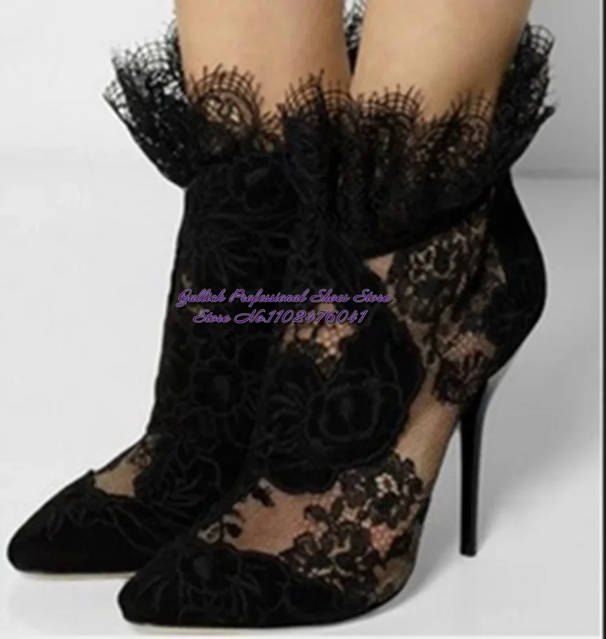 

Women Elegant Black Embroidered Booties Lace Flowers Thin High Seel Ankle Boots Zipper Pointed Toe Mesh Floral Dress Pumps