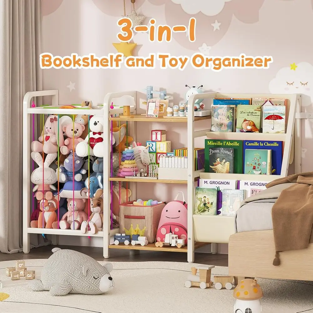 Rak Buku dan Penyimpanan Mainan Anak B1, Rak Buku 3 Tingkat untuk Kamar Anak, Rak Buku Bayi Model Gantung dengan Penyimpanan Boneka, Montessori
