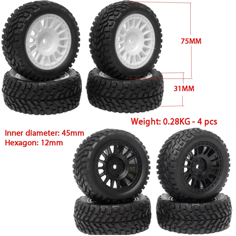 4Pcs 75*31mm hexagonal combination with 12mm rubber tires is suitable for RC model 1/16 racing cars.