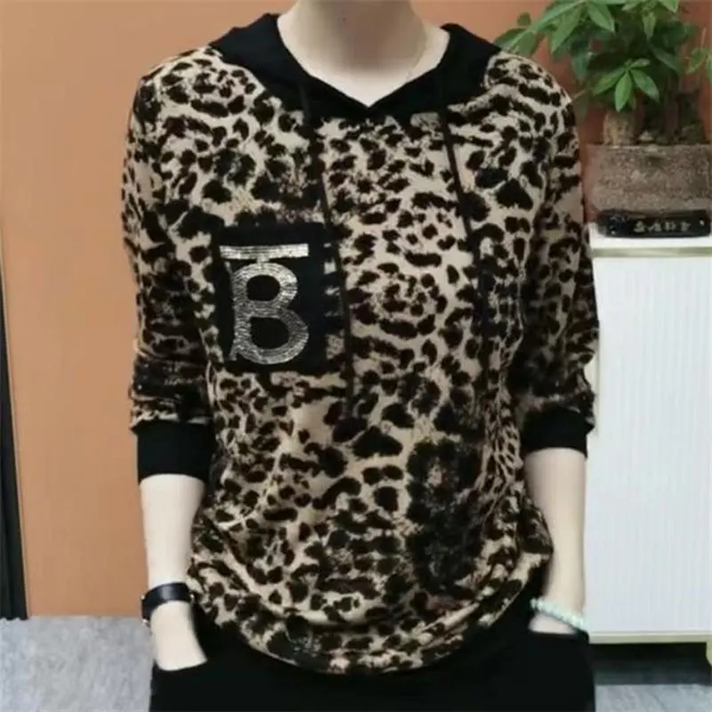 Streetwear Leopard Printed Pullovers Female Clothing Casual Hooded Drawstring Spring Autumn Fashion Letter Diamonds Sweatshirts