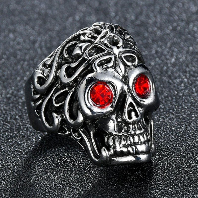 Unique Silver Color Heavy Sugar Red Eyes Skull Rings for Men Mandala Flower Santa Muerte Biker Jewelry
