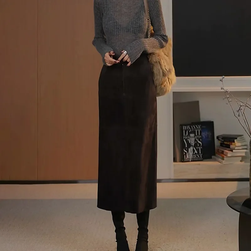 

Luxury Women Spring Autumn Fashion Suede Leather Genuine Leather Skirt Super Long Mermaid Real Sheep Leather Shorts