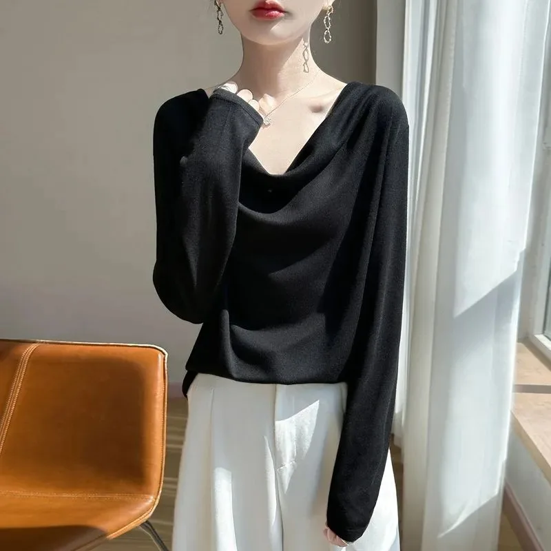 Women Cowl Neck Tencel Knit Top Long Sleeve Soft Thin Elegant Basic Blouse For Spring Summer