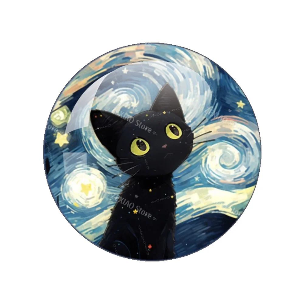 Van Gogh Starry Sky Black Cat Creative images 12mm/18mm/20mm/25mm Round Photo Glass Cabochon Demo Flat Back Making Findings
