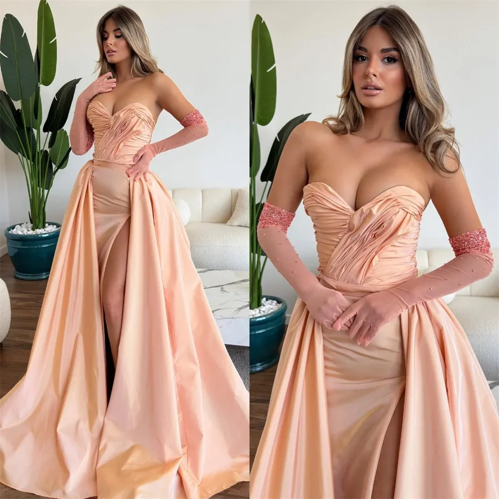 2024 Elegant Nude Prom Dress Taffeta Pleats Sweetheart Formal Evening Gowns Elegant Split Party Dresses（Excluding gloves）