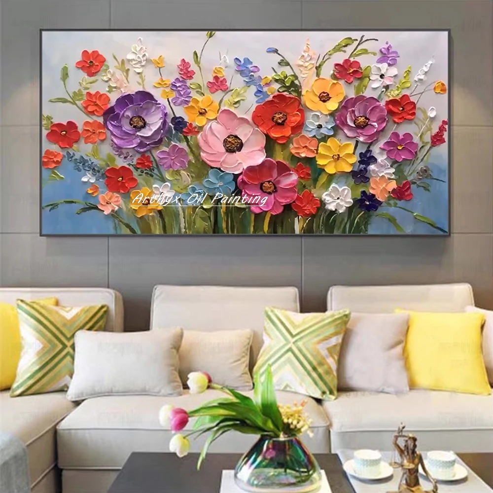 Arthyx 100% Handpainted Abstract 3D Knife Flowers Oil Painting On Canvas,Modern Texture Art Posters,Wall Picture,Home Decoration
