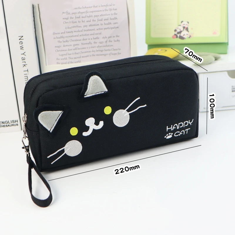 Black and white cat cute pencil bag Portable stationery bag with pen insert mesh bag Large capacity school supplies storage bag