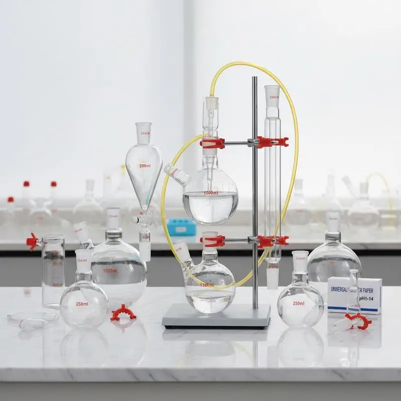 

Lab Distillation Kit, 3.3 Boro Lab Glassware Distillation Kit with 24, 40 Joint, 1000ml Essential Oil Distillation Apparatus Kit, 29 pcs Set of Glassware Equipment