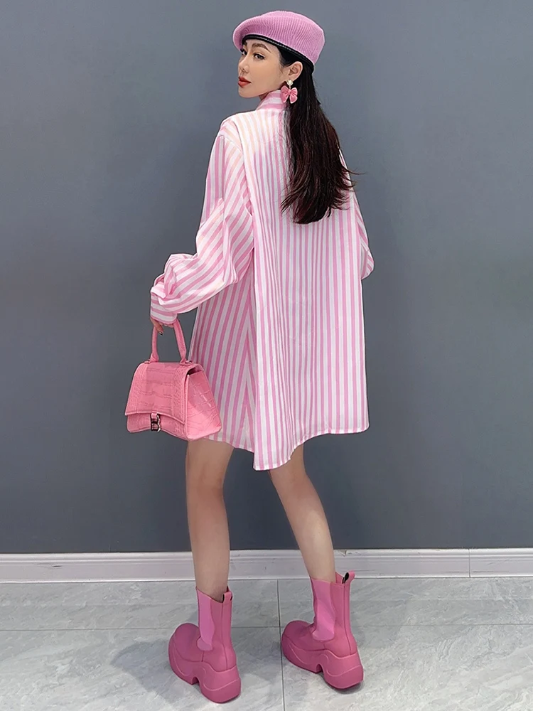 SHENGPALAE Fashion Striped Shirt For Women Ruffles Design Chic Loose Lapel Full Sleeve Blouse Spring 2024 New Female Tops 5R9483