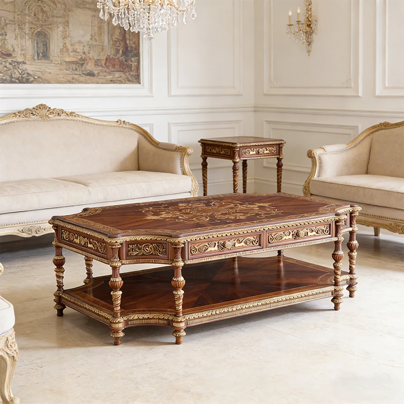 ！@French  Antique Design With  American Exquisite Engraving Peach Core Solid Wood  Durable Villa/Hotel Living Room Coffee Table