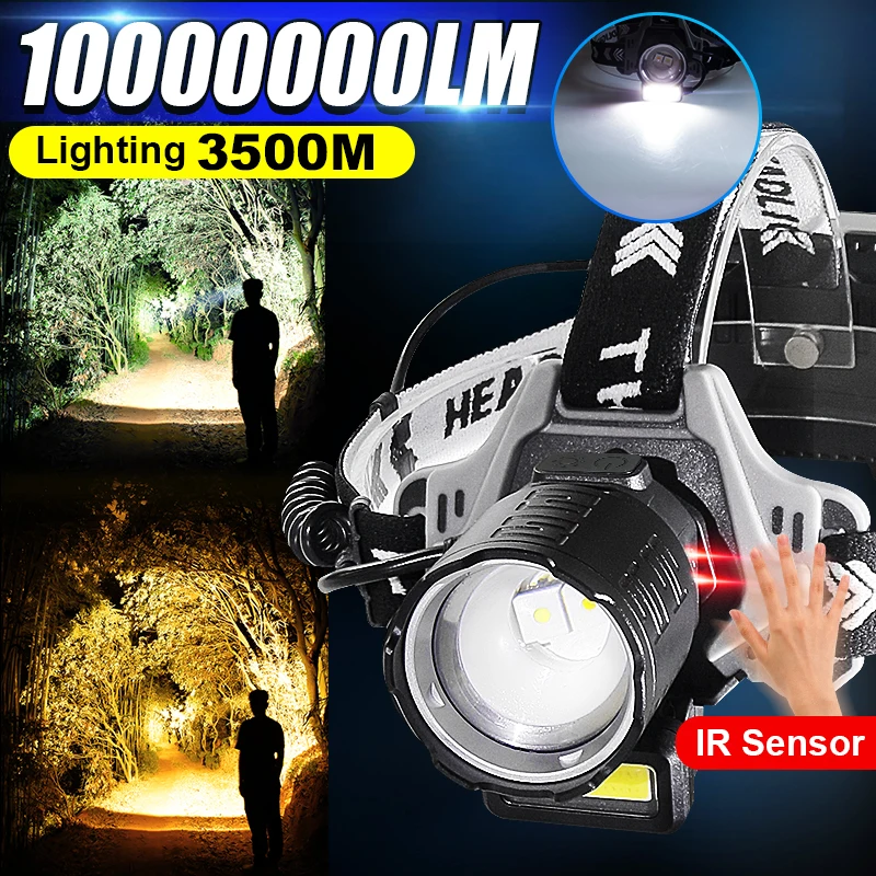 100000000LM 600 واط قوية LED كشافات مستشعر الأشعة تحت الحمراء قابلة للشحن رئيس مصابيح طويلة النار العلوي عالية الطاقة رئيس مصباح يدوي فانوس