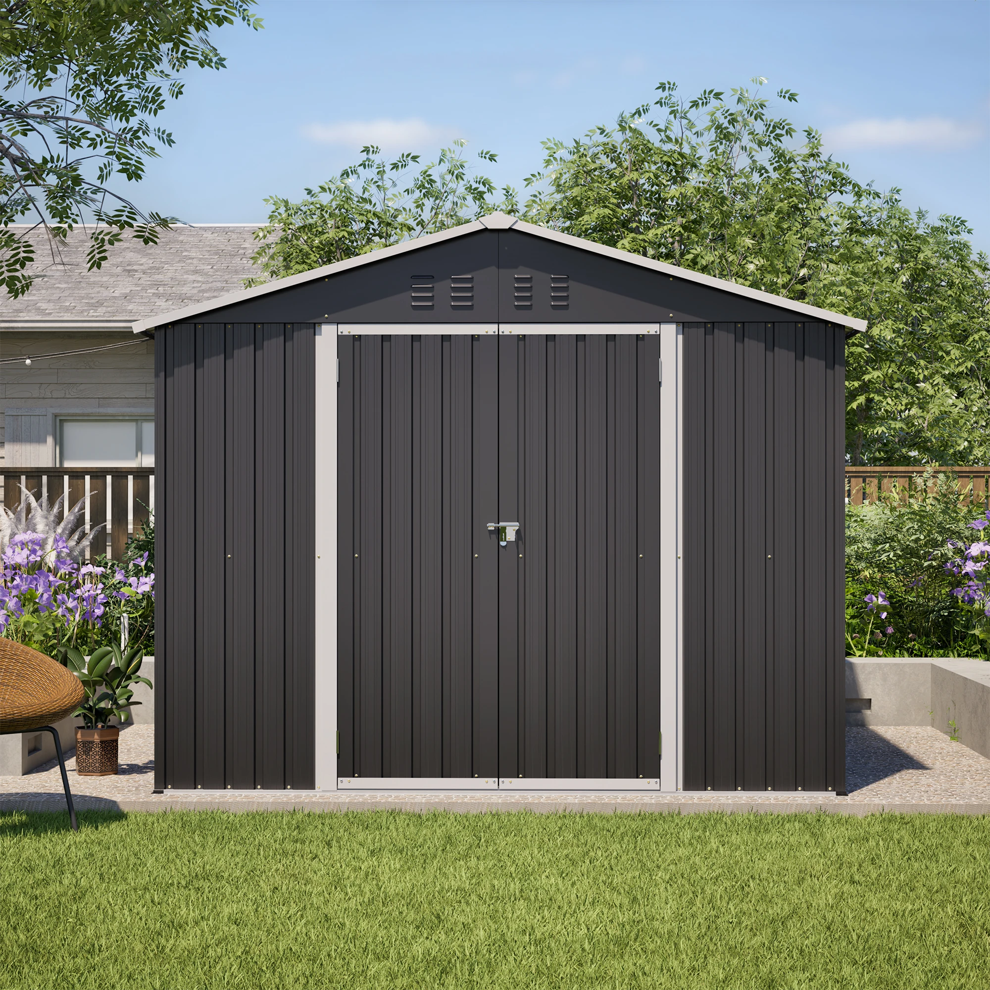 Caseta para Herramientas de Metal Negra y Gris de 8×6 Pies con Puerta Plegable, Ideal para Almacenar Herramientas de Jardín y Equipo para Exteriores