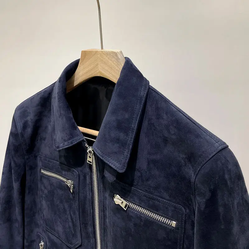 

Men's ort Genuine Leather Biker Jaet Slim Fit Lamb Skin Flip Collar Motorcycle Outerwear Faion Spring Season China Made