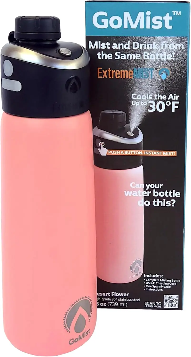 

Rechargeable Misting & Drinking Bottle with USB-C Quick Charge, 2-Speed Mist, Stainless-Steel Insulation