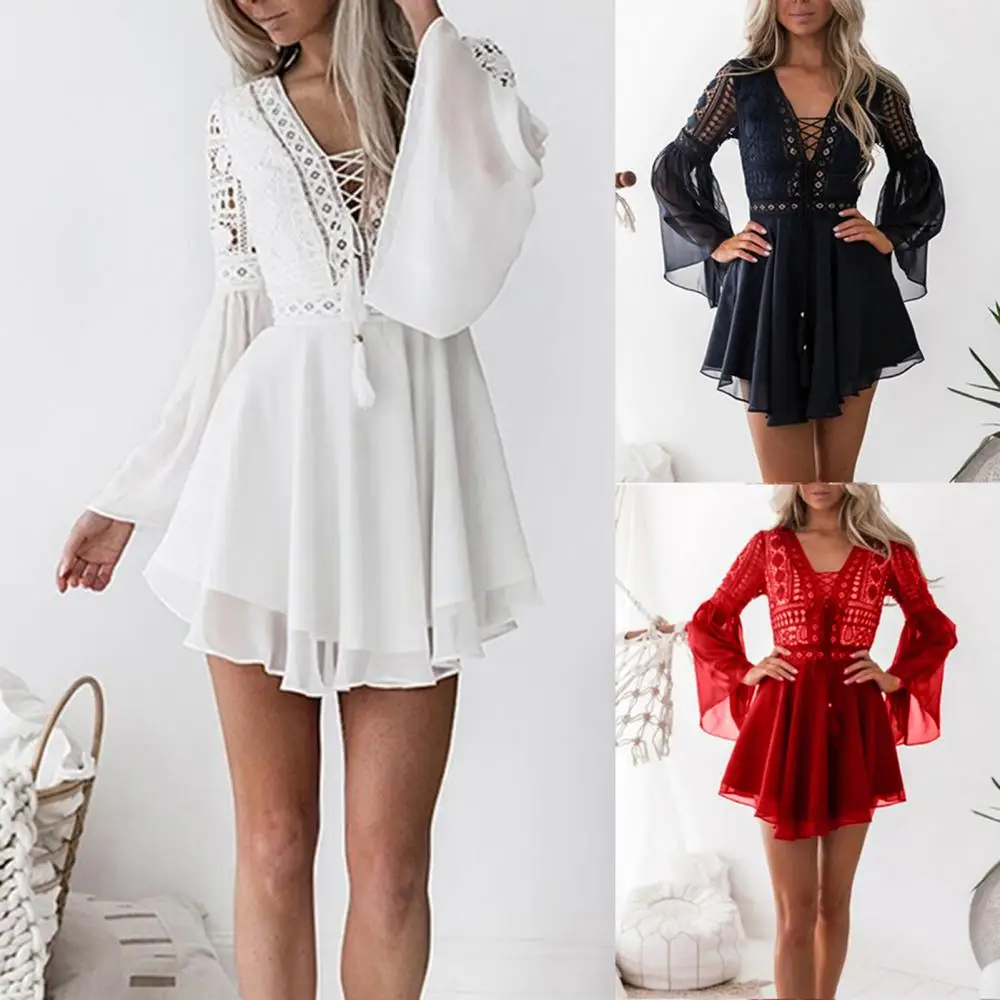 Sexy V Neck Women's Spring Summer Dress Long Flared Sleeve Mini Dress Crochet Hollow out Sexy Chiffon Bandage Mini Dress 2020