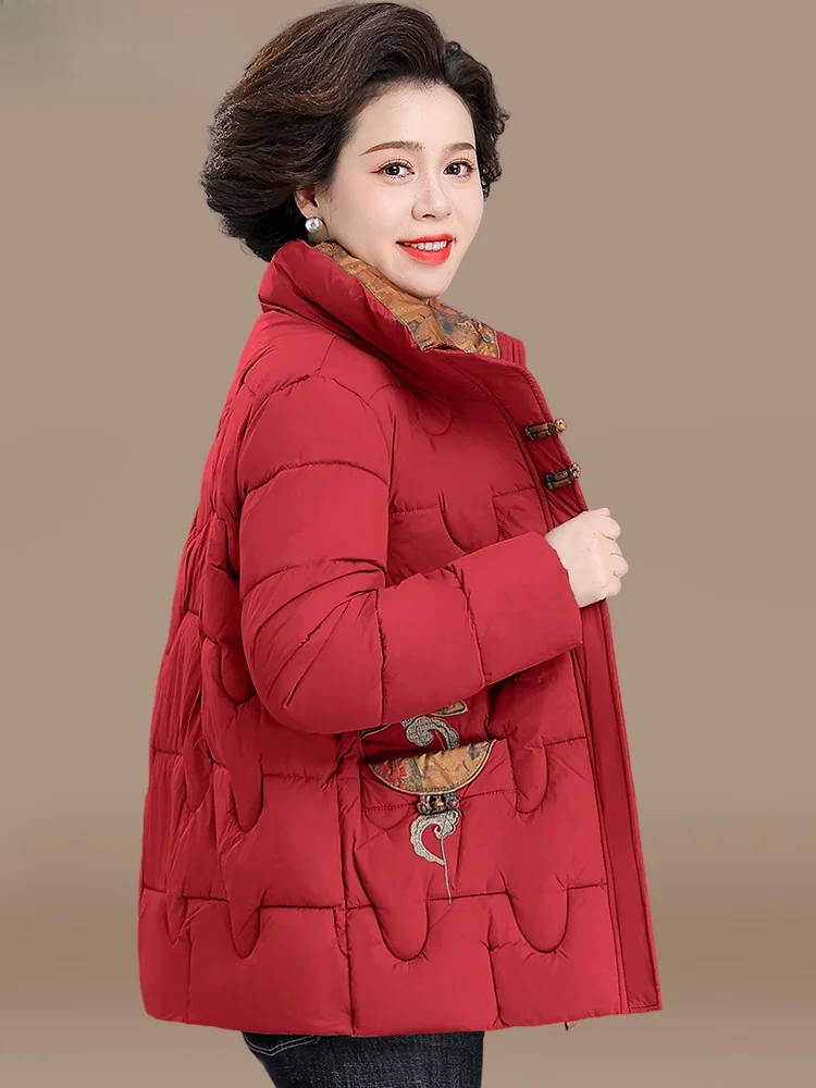 

Утепленная хлопковая куртка для женщин: модное свободное зимнее пальто в традиционном китайском стиле, гарантия тепла, для среднего возраста.