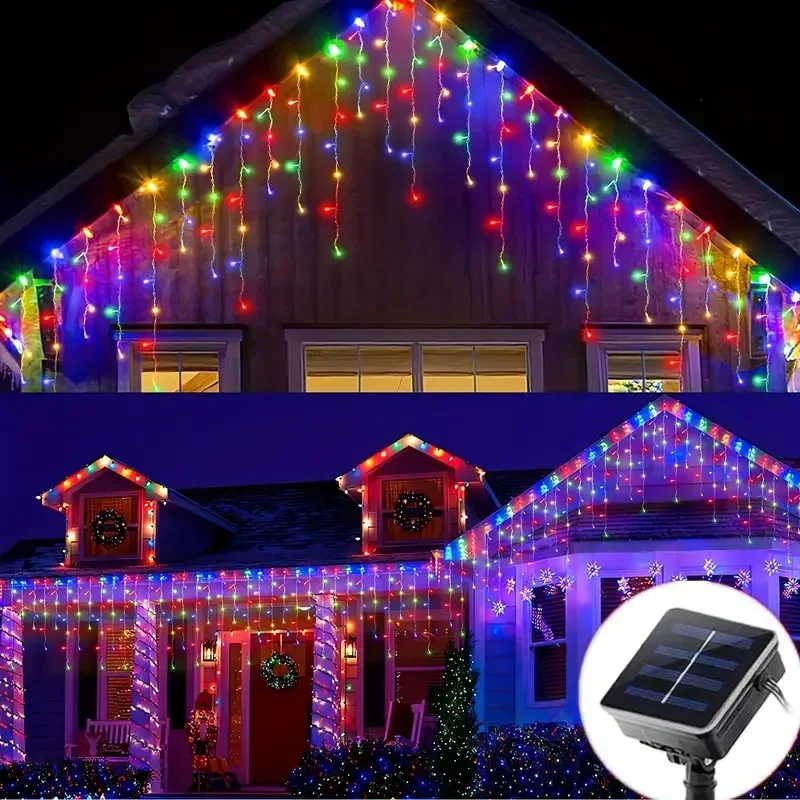 Solar Curtain Icicle Lights Outdoor Eaves Decoration Lights 96LEDS 8 Lighting Modes Wedding Christmas Party Garden Fairy Lights