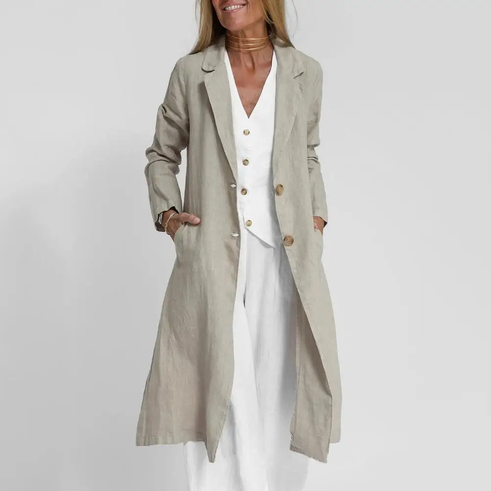 Trench coat frontal aberto de comprimento médio respirável feminino, casaco longo, cardigã elegante, lapela, bainha dividida, cardigã