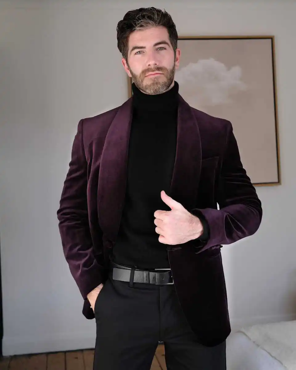 Luxury Purple Velvet Mens Slim Fit Social Suit Wedding Party Dinner Single Button Men's Jacket Business Lapel Blazer Customized