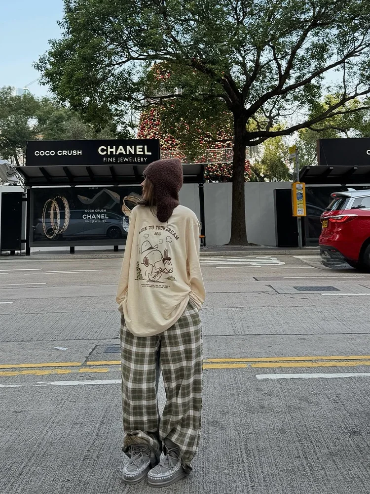 

MSKIN6 High Waist Wide Leg Straight Pants Women's Spring Summer New Sle Color Blo Plaid Slimming een White Casual Trousers