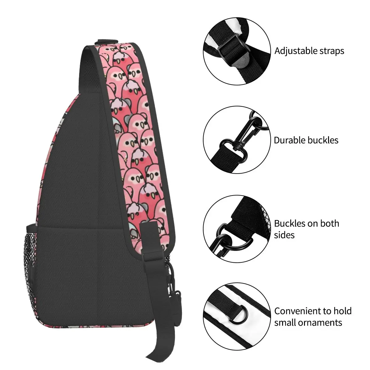 Budgie Too Many Birds Pink Parrot Small Sling Bag Chest Crossbody Shoulder Sling Backpack Hiking Travel Daypacks Pattern Satchel