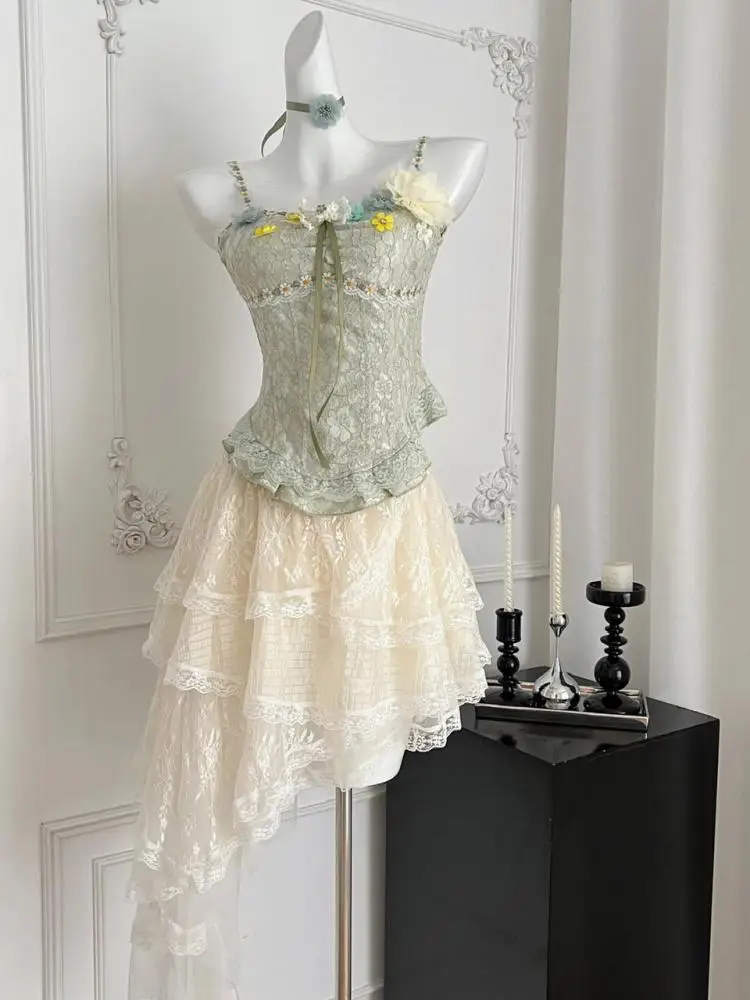 

Летние женские винтажные зеленые кружевные топы с цветочными оборками на шнуровке + асимметричные плиссированные длинные юбки с высокой талией, комплект из двух предметов в стиле бохо