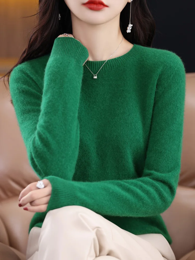 2024  Fashion Versatile Solid Color Spring Autumn New Women 100% Merino Wool Sweater O-neck Basic Cashmere Pullover Clothing Top