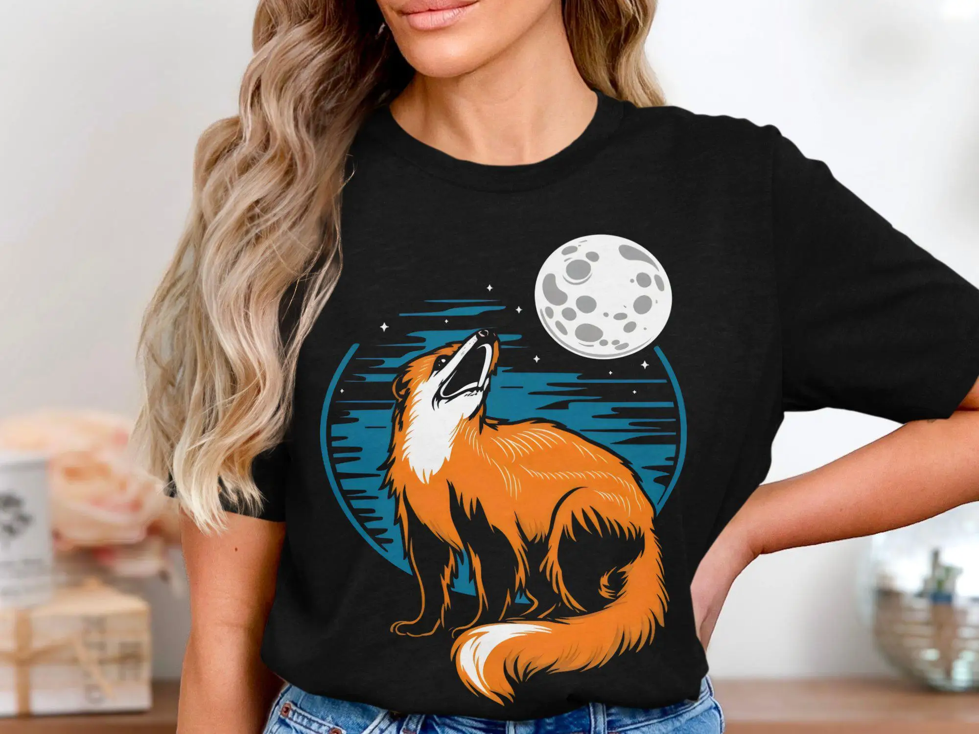 

Wolf Howling at Moon T Shirt Unique Animal Lover Clothing Cool Nature Design Casual Wear Trendy Idea