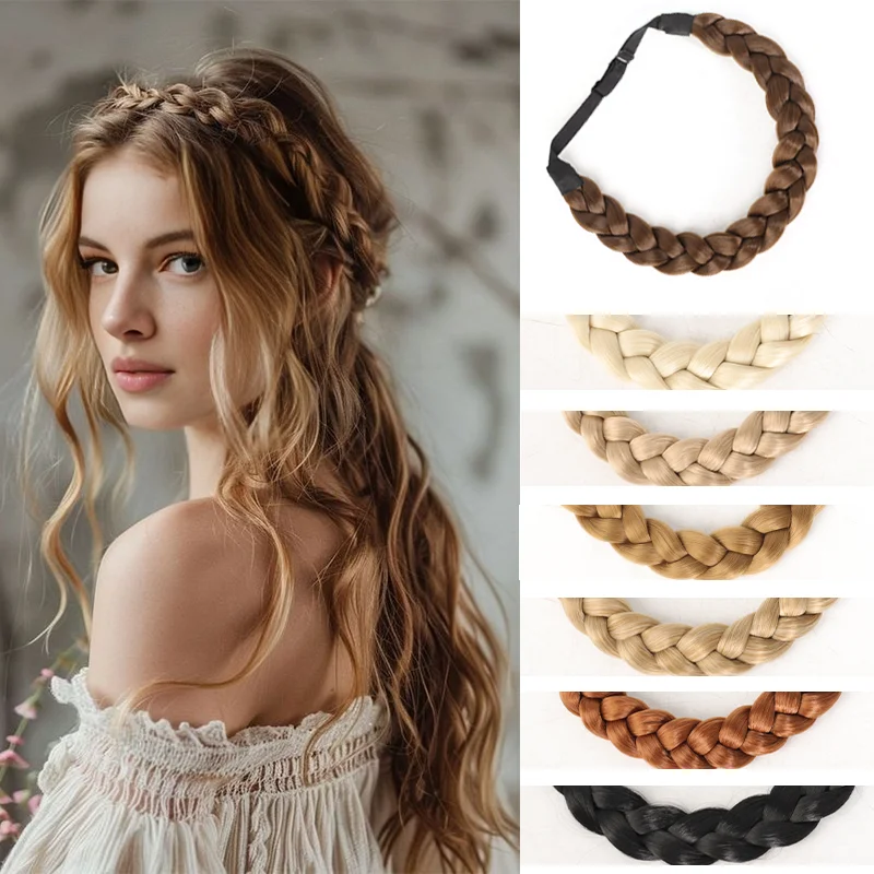 Braided Headband 3 Strands Synthetic Classic Chunky Elastic Braid Headband Women Ms Bohemian Trendy Hair Braid (Black Gold)