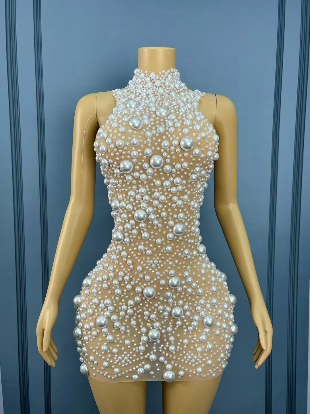 Dazhu Błyszcząca Sukienka Wieczorowa z Czystych Białych Pereł, Elegancka Suknia Balowa, Seksowna Sukienka z Siateczki, Dopasowana Sukienka na Imprezę, Sukienka na Czerwony Dywan, Modne Stroje Pokazowe