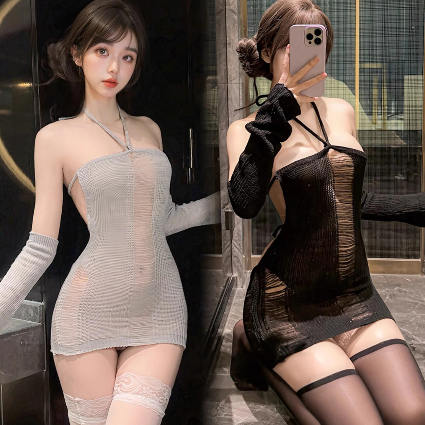 

Sexy Open Bust Sweater Bodycon Dress Halter Strapless Dress Half Sleeve Hollow Out Keyhole Mini Dress Party Night Clubwear