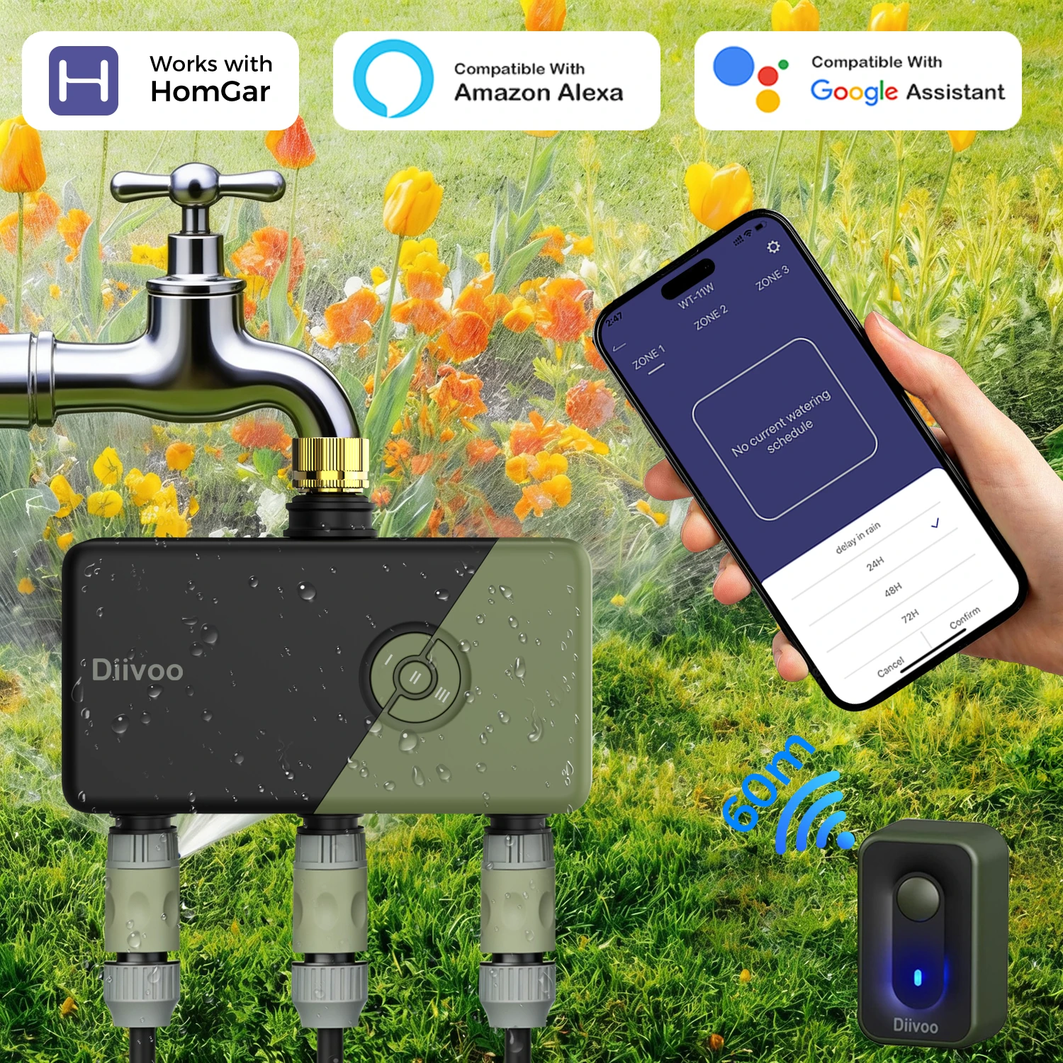 WiFi Water Timer 3Zone/4Zone Garden Irrigation Watering System Smart Controller with Rain Delay Manual Watering for Lawn