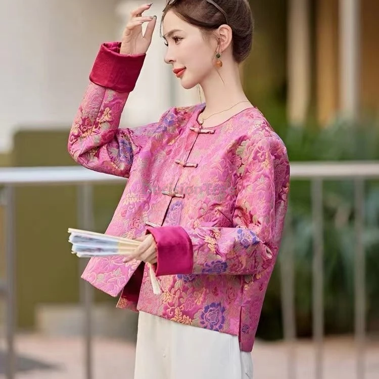 

Рубашка в китайском стиле с цветочным принтом, костюм Тан, пальто, женское осеннее пальто Rouge, красный цвет, повседневное повседневное традиционное пальто ханьфу, повседневная рубашка